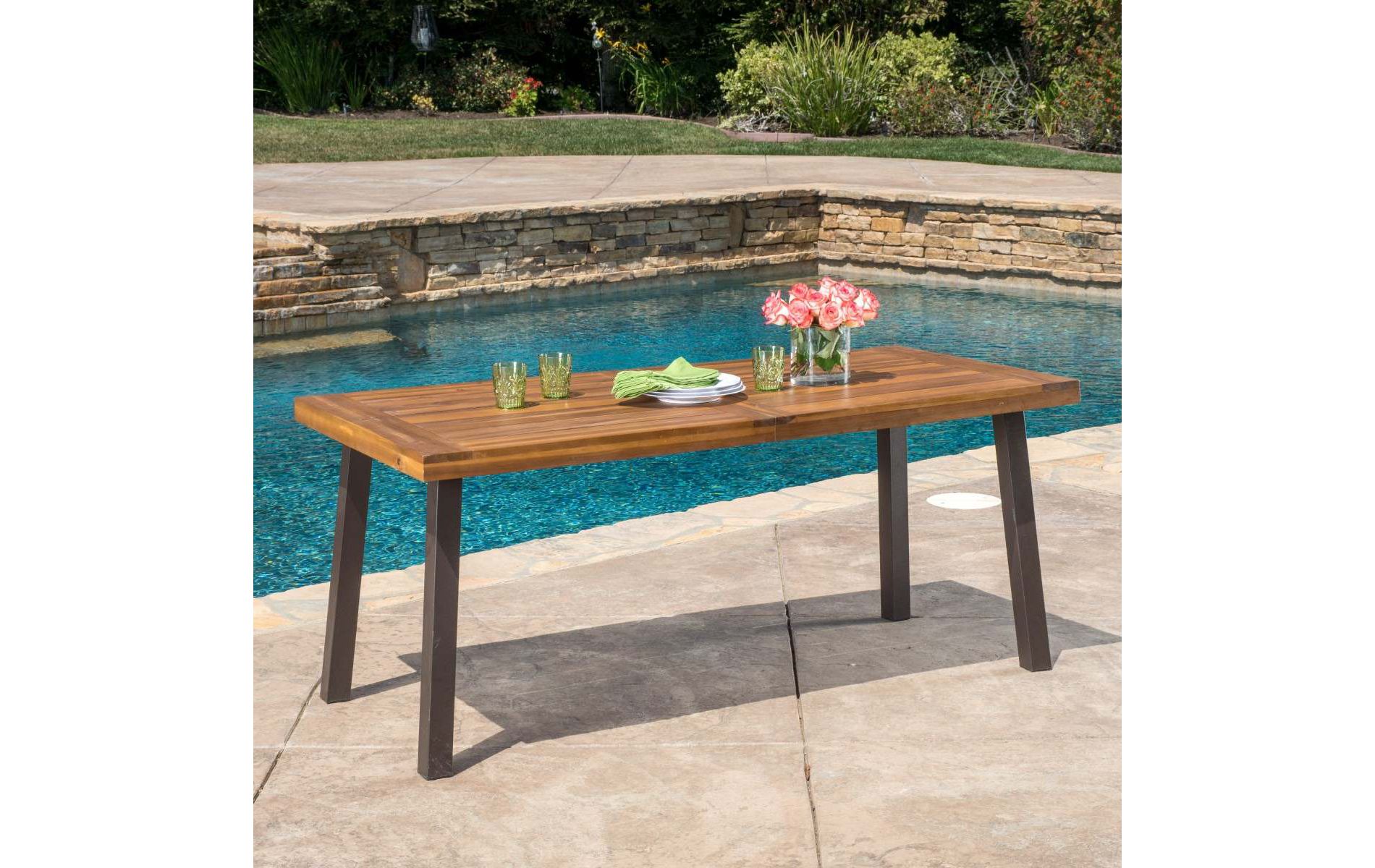 69'' Modern Industrial Brown Acacia Wood Patio Dining Table,Metal Rectangle Kitchen Dining Table for 6,Outdoor Dining Table for Garden Deck-Coolbibila