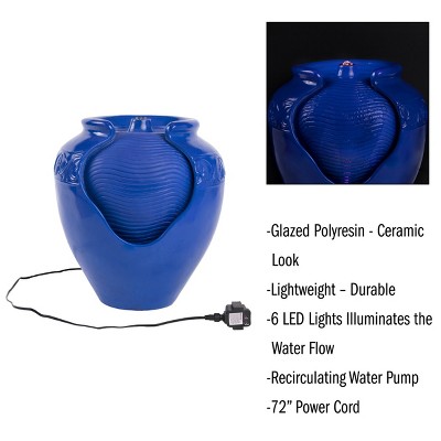 Cobalt Blue Ceramic Jar Outdoor Water Fountain with LED Lights
