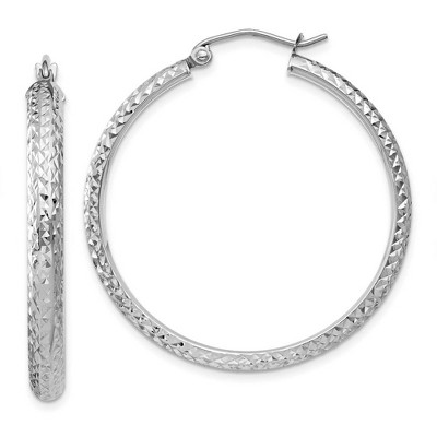 Black Bow Jewelry 3.5mm, Diamond Cut 14k White Gold Round Hoop Earrings, 34mm