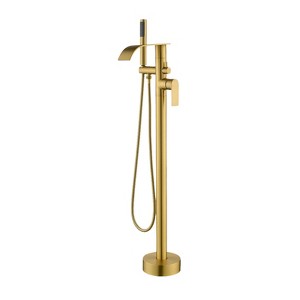 Cobbe Brushed Gold Floor Standing Tub Faucet Single Handle Freestanding Tub Filler with Swivel Spout Hand Shower and 59-Inch Hose - 1 of 4