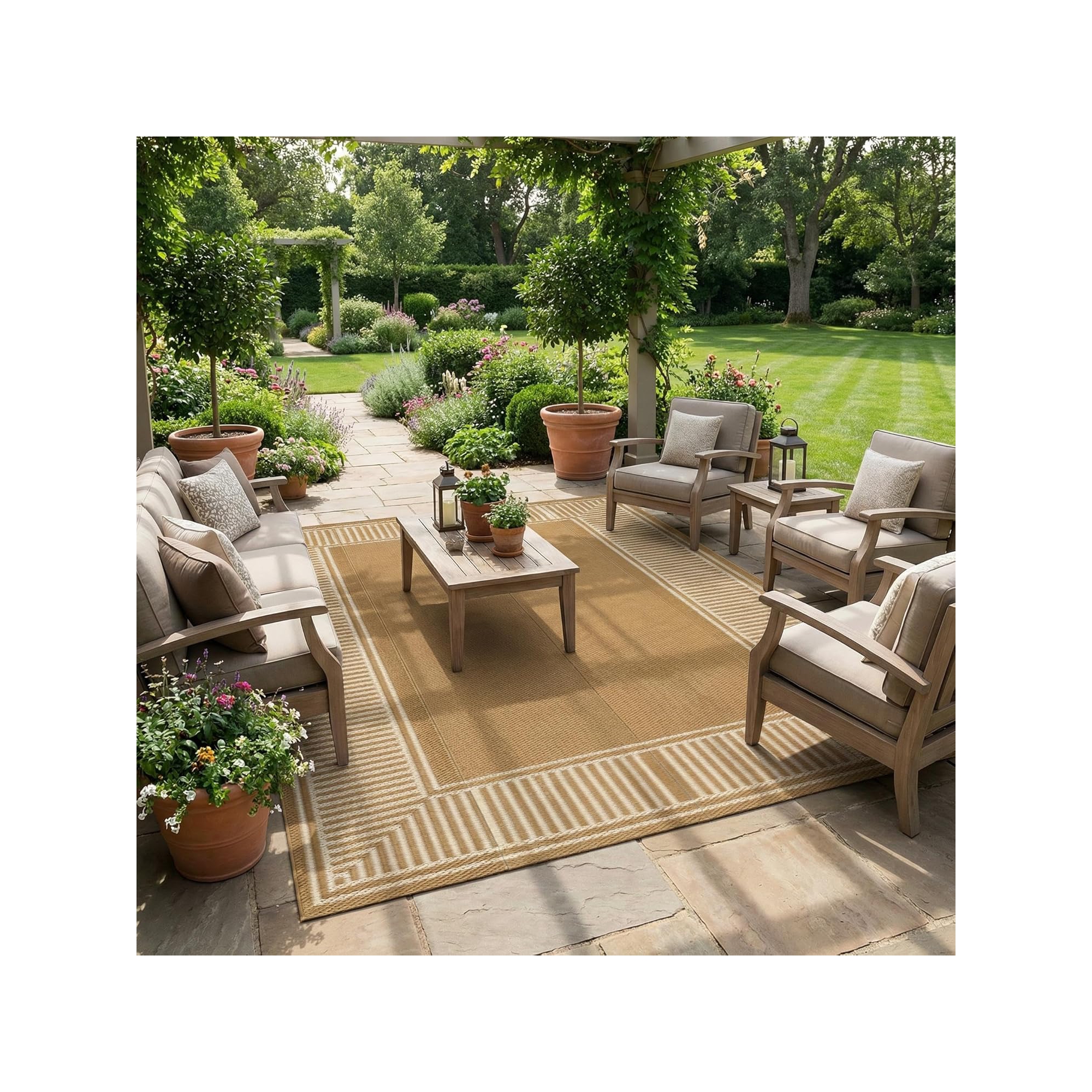 9*18ft Waterproof Outdoor Rug reversible plastic straw lightweight UV resistant foldable for patio camping balcony, Light Brown.