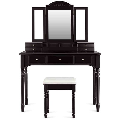 Tangkula 7 Drawers Tri-Folding Vanity Mirror Makeup Dressing Table Set w/ Necklace Hook