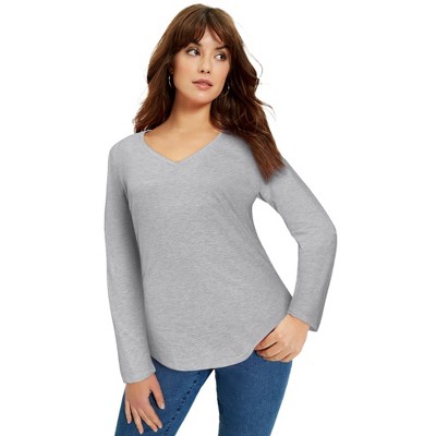 June + Vie by Roaman's Women's Plus Size Long-Sleeve V-Neck One + Only Tee