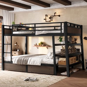JANSNO Black Metal Bunk Bed with Built-in Storage Shelves, Light Strip & USB Power Strip - 1 of 4