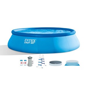 Intex Inflatable Easy Set Above Ground Round Swimming Pool Outdoor Pool Set for Backyards with 15' Round Cover, Ladder, and Filter Pump, Blue - 1 of 4