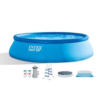 Intex Inflatable Easy Set Above Ground Round Swimming Pool Outdoor Pool Set for Backyards with 15' Round Cover, Ladder, and Filter Pump, Blue