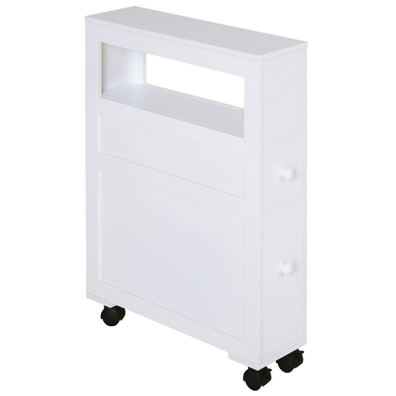 HOMCOM 6.25" x 20.5" x 28.25" Wood Rolling Slim Bathroom Side Storage Cabinet, 1 of 9
