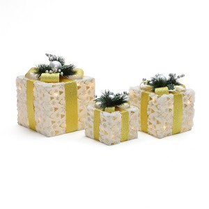 LuxenHome 3-Pc Lighted Snowflake Gift Box Set with Gold Ribbon, White Fabric Outdoor Holiday Decor White, Gold, Green - 1 of 4