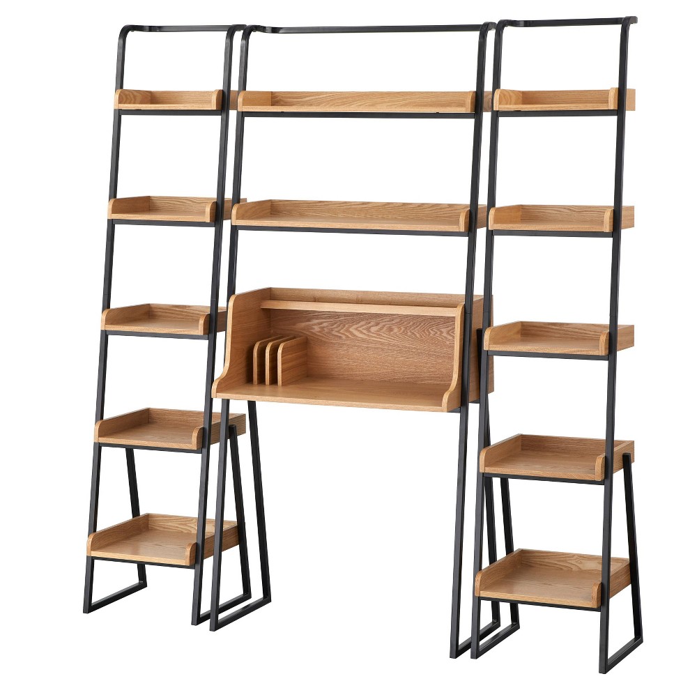 3Pc Estanier Set with Desk Natural/Black - Lifestorey: Office Furniture Set, MDF Veneer Bookshelf