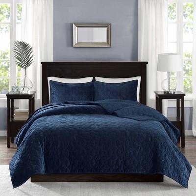 Navy Full Velvet Reversible Quilt Set with Shams