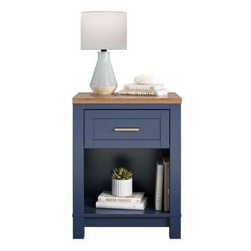 Henry Walnut Top Nightstand Navy Room Joy Transitional Style Bedside Table With Shelving Mdf Frame Target