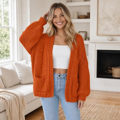 Women's Open Front Chunky Knit Cardigan, Balloon Sleeve Oversized
