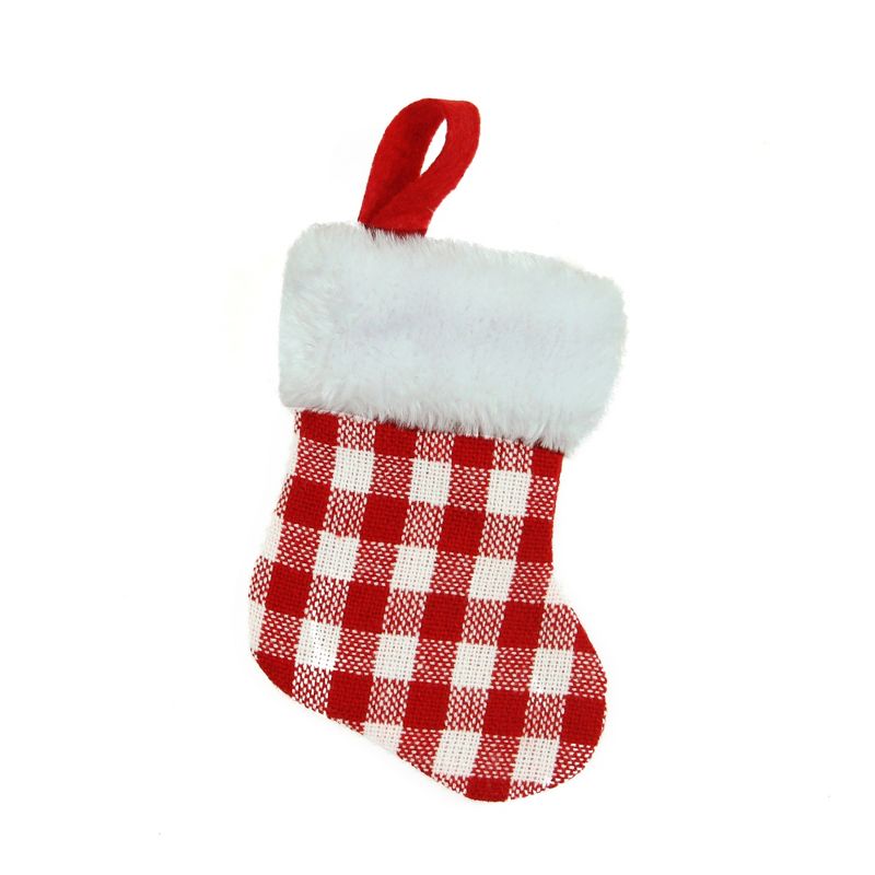 Northlight 7" Red and White Buffalo Plaid Mini Christmas Stocking with Faux Fur Cuff, 1 of 3