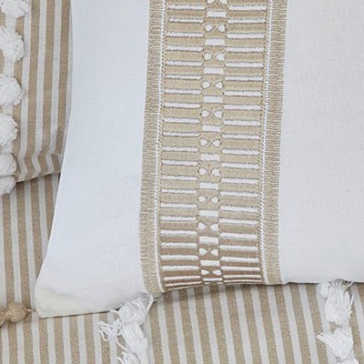 Cream Embroidered Cotton Oblong Decorative Pillow with Tassels