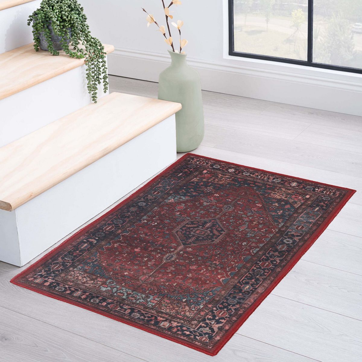 Vintage Faded Floral Medallion Border Machine Washable Indoor Area Rug or Runner by Blue Nile Mills - thumbnail 2