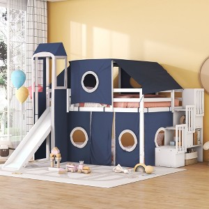 Okak Full Solid Wood Bunk Bed with Tower, Tent, Ladder and Slide, Castle Loft Bed for Toddler Kids Teens Easy Assemble No Box Soring Needed, Blue - 1 of 4