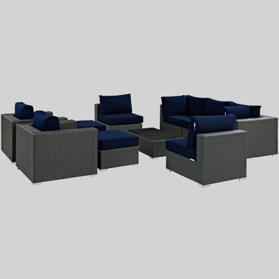 Sojourn 10pc Outdoor Patio Sectional Set with Sunbrella Fabric - Navy - Modway