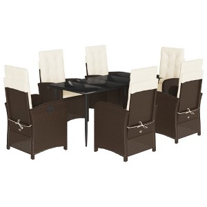vidaXL 7 Piece Patio Dining Set - Brown Poly Rattan, Adjustable Reclining Garden Chairs with Cushions, Tempered Glass Table - 1 of 4
