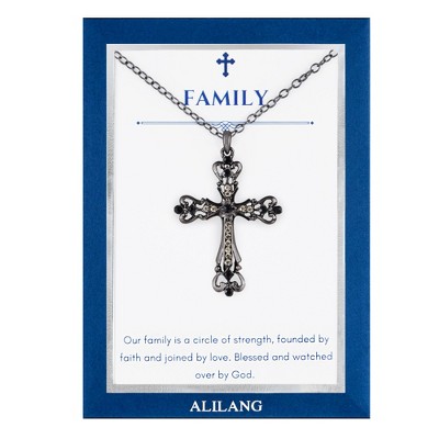 Anna-Kaci Black & Silver Gunmetal Crystal Cross Necklace with Religious Message Card & Envelope Jewelry Gift