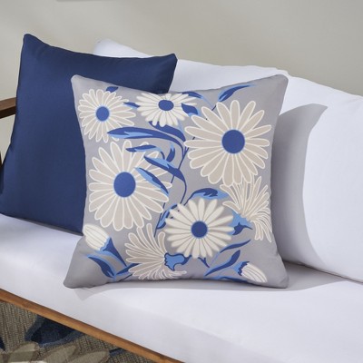 Aloha Floral Blue and Gray 20" Square Outdoor Throw Pillow