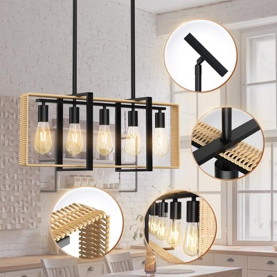 Black Metal and Rattan 5-Light Adjustable Kitchen Island Pendant Chandelier