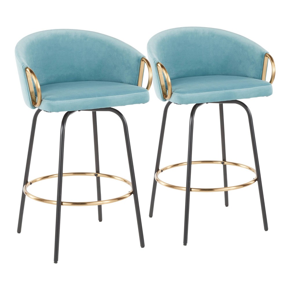 Photos - Chair Set of 2 Claire Upholstered Counter Height Barstools: Velvet, Swivel, Gold