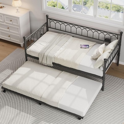 homfan Twin Daybed with Trundle, Metal Sofa Bed Frame with Pull Out Trundle for Living Room, Bedroom, Apartment and Small Spaces