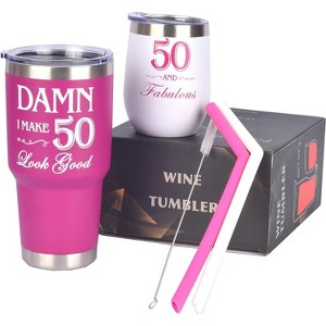 Meant2tobe 12 oz 50th Birthday Gifts for Women Tumblers, White and Pink - 1 of 4