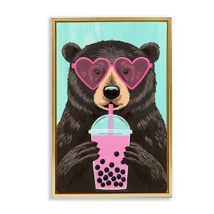 Stupell Industries Bear And Bubble Tea Floating Frame Canvas Art, Gold, 17" x 25" - 1 of 4