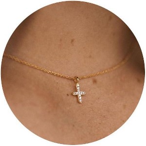 Dainty Gold Cross Necklace for Women, 14K Gold Plated Small Pendant Choker - 1 of 4