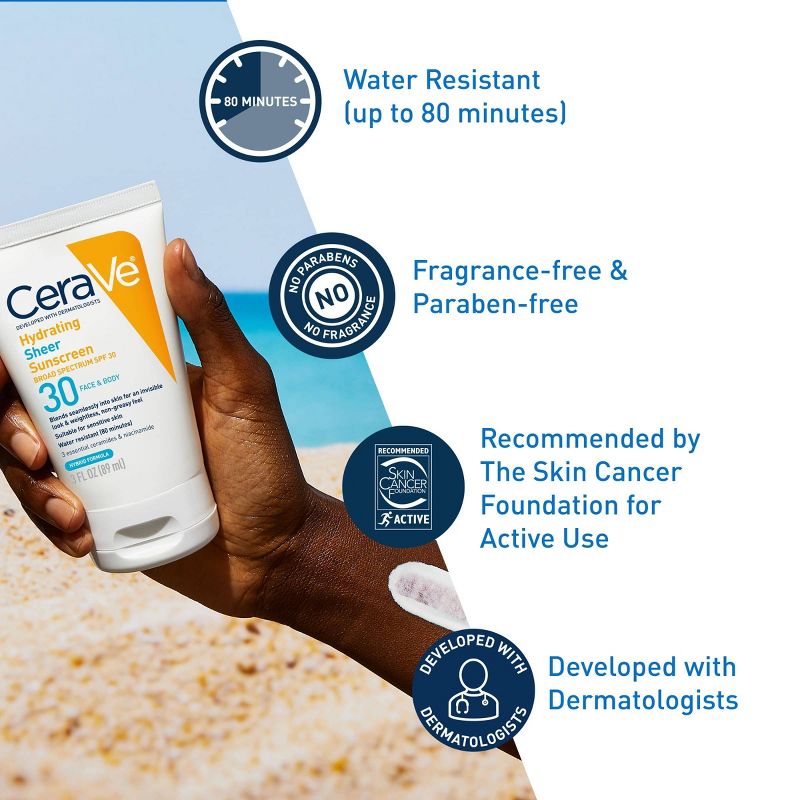 CeraVe Hydrating Sheer Sunscreen Lotion for Face and Body - SPF 30 - 3 fl oz, 4 of 16