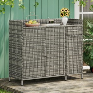 47.5"W Wicker Outdoor Storage Cabinet with Tempered Glass Top, 3 Doors, Drawer, Adjustable Shelf, Weatherproof Rattan Bar Table, Gray/Black-ModernLuxe - 1 of 4