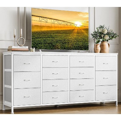 Homhougo 63" W Dresser Tv Stand for 65 70 75 Inch Tv, 14 Drawer for Bedroom with Power Outlets, Large Long Fabric Dresser Entertainment Center, White