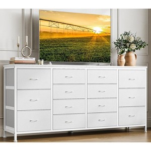 Homhougo 63" W Dresser Tv Stand for 65 70 75 Inch Tv, 14 Drawer for Bedroom with Power Outlets, Large Long Fabric Dresser Entertainment Center, White - 1 of 4