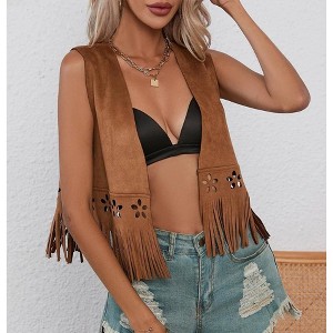 Women's Fringe Vest Sleeveless Open Front Short Vest Lightweight Casual Jacket - 1 of 4