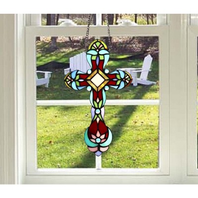 Victorian Tiffany-Style Stained Glass Cross Panel with Copper Chain