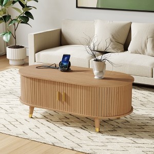 ORRD Mid-Century Modern Coffee Table with Charging Station, 42.5" Oval Fluted Tambour Door, Farmhouse Living Room Center Table, Natural Teak - 1 of 4