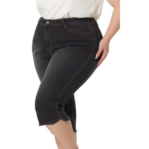 Agnes Orinda Women's Plus Size Fashion Denim Frayed Hem Washed Jeans Capri  Black 2X