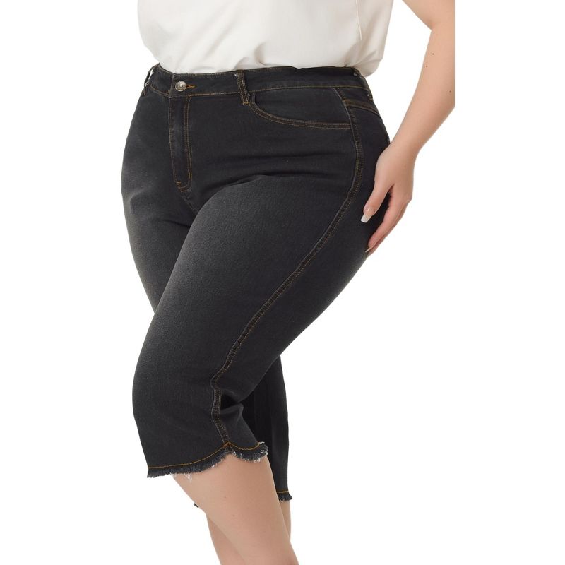Agnes Orinda Women's Plus Size Fashion Denim Frayed Hem Washed Jeans Capri, 1 of 6