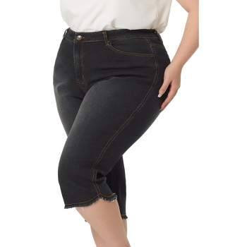 Agnes Orinda Women's Plus Size Fashion Denim Frayed Hem Washed Jeans Capri