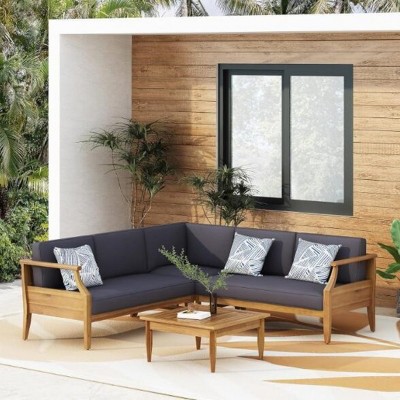 Outdoor Furniture Sets, Wood Frame Patio Conversation Sofa for 5 People, Acacia Wood Sofas with Removable Cushions-Coolbibila