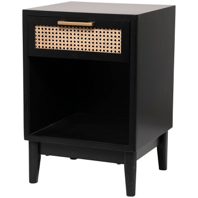Olivia & May Wood 1 Drawer and 1 Shelf Accent Table with Cane Front Drawer and Gold Handle Black: Rattan Detail, Indoor Storage Furniture