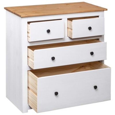 White and Natural Pinewood 4-Drawer Rustic Sideboard