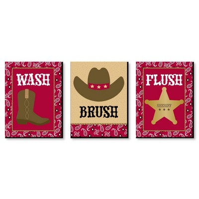 Big Dot of Happiness Little Cowboy - Kids Bathroom Rules Wall Art - 7.5 x 10 inches - Set of 3 Signs - Wash, Brush, Flush