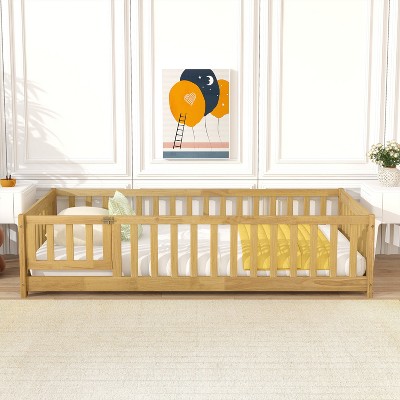 YONWAY Full Size Floor Bed for Kids with Fence and Door, Low Montessori, Bed Sturdy Slat Suppor, for Kids Boys Girls, no noise