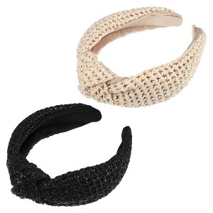 Unique Bargains Women's Bohemian Style Knotted Straw Rattan Sponge Headband Black Beige 2 Pcs - 1 of 4