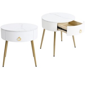 NicBex Coffee Tables for Living Room �19.6" Round Coffee Table Set of 2 Modern Fluted 2 Side Table Set with Drawers and Golden Legs, White+Gold - 1 of 4