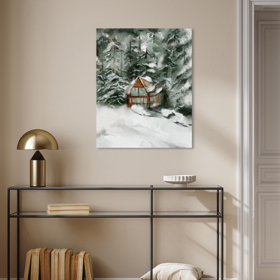 Winter Cabin in Snowy Forest Landscape Canvas Wall Art, 24" x 30"
