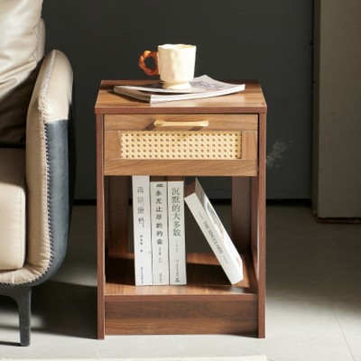 Polyethylene Rattan End Table with Storage Drawer, Stylish Nightstand, Living & Bedroom Side Table, Walnut Hue