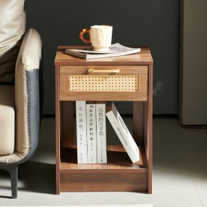 Polyethylene Rattan End Table with Storage Drawer, Stylish Nightstand, Living & Bedroom Side Table, Walnut Hue - 1 of 4